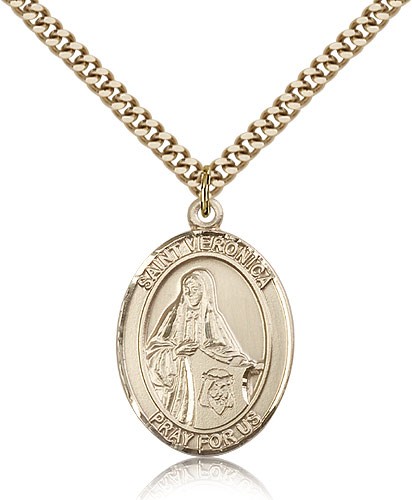 St. Veronica Medal, Gold Filled, Large - 24&quot; 2.4mm Gold Plated Chain + Clasp