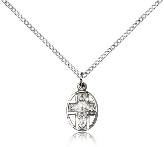 5 Way Cross Chalice Medal, Sterling Silver - 18&quot; 1.2mm Sterling Silver Chain + Clasp