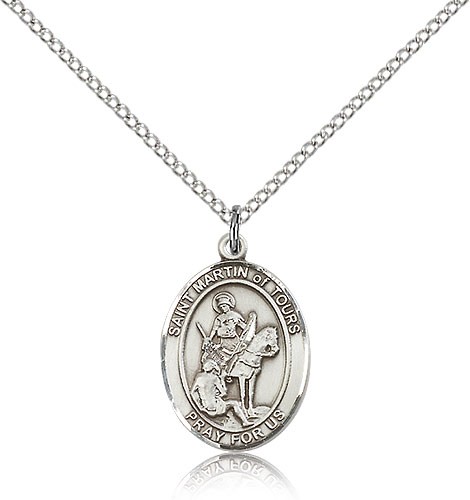 St. Martin of Tours Medal, Sterling Silver, Medium - 18&quot; 1.2mm Sterling Silver Chain + Clasp