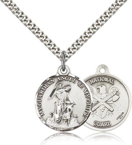 National Guard Guardian Angel Medal, Sterling Silver - 24&quot; 2.4mm Rhodium Plate Endless Chain