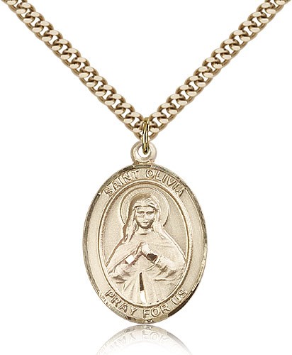 St. Olivia Medal, Sterling Silver, Large - 24&quot; 2.4mm Gold Plated Chain + Clasp