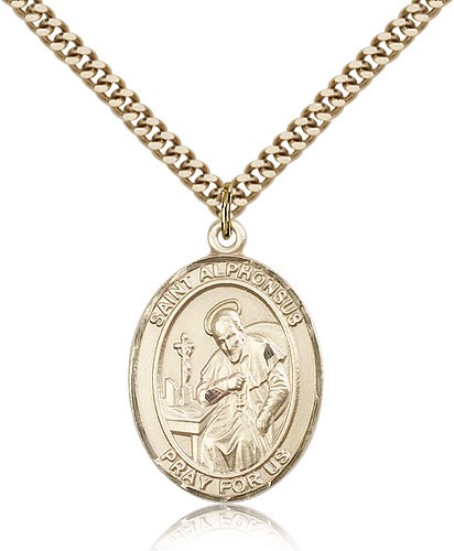 St. Alphonsus Medal, Gold Filled, Large - 24&quot; 2.4mm Gold Plated Chain + Clasp