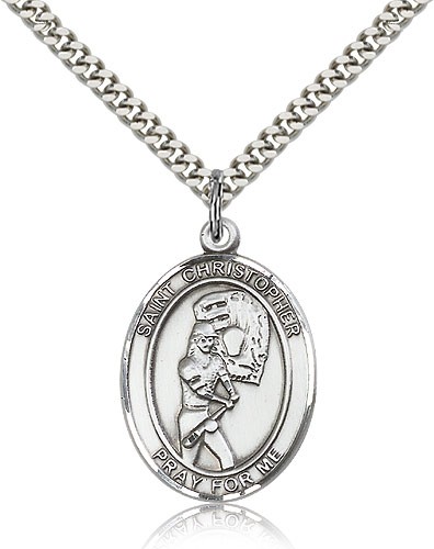 St. Christopher Softball Medal, Sterling Silver, Large - 24&quot; 2.4mm Rhodium Plate Chain + Clasp