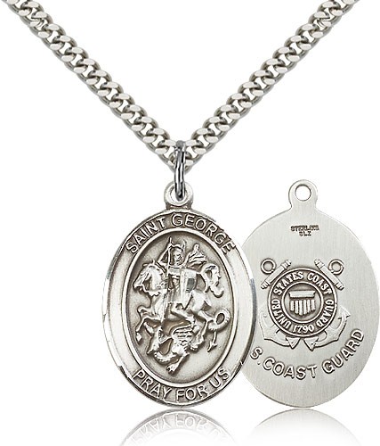 St. George Coast Guard Medal, Sterling Silver, Large - 24&quot; 2.4mm Rhodium Plate Chain + Clasp