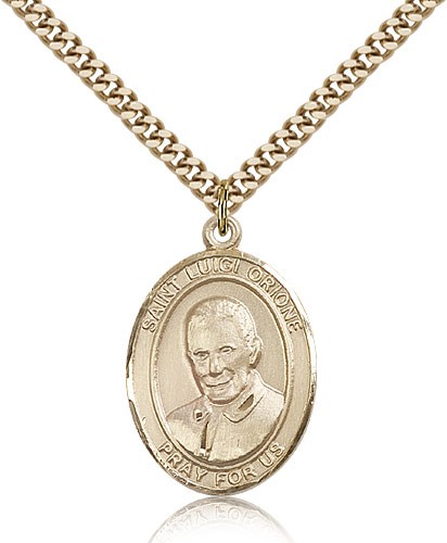 St. Luigi Orione Medal, Gold Filled, Large - 24&quot; 2.4mm Gold Plated Chain + Clasp