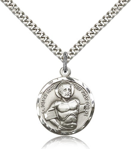 Dismas Medal, Sterling Silver - 24&quot; 2.4mm Rhodium Plate Endless Chain