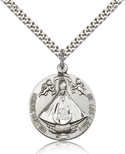 Senora De Los Lagos Medal, Sterling Silver - 24&quot; 2.4mm Rhodium Plate Endless Chain