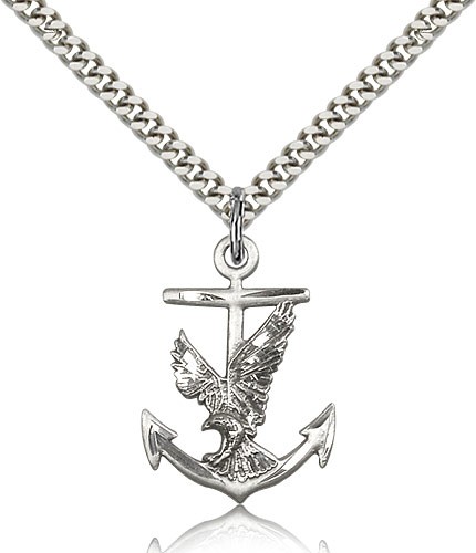 Anchor Eagle Medal, Sterling Silver - 24&quot; 2.4mm Rhodium Plate Endless Chain