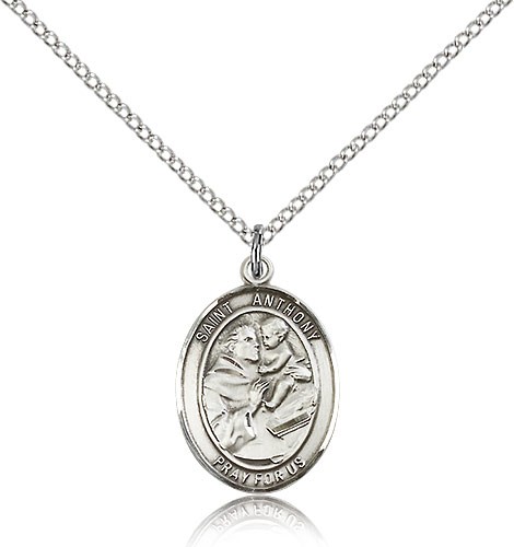 St. Anthony of Padua Medal, Sterling Silver, Medium - 18&quot; 1.2mm Sterling Silver Chain + Clasp
