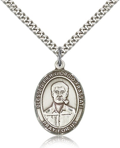 Blessed Pier Giorgio Frassati Medal, Sterling Silver, Large - 24&quot; 2.4mm Rhodium Plate Chain + Clasp