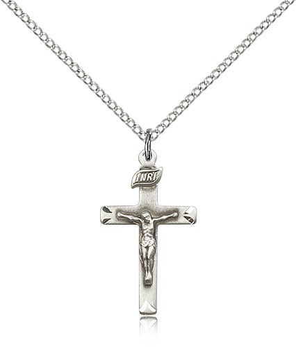 Crucifix Pendant, Sterling Silver - 18&quot; 1.2mm Sterling Silver Chain + Clasp