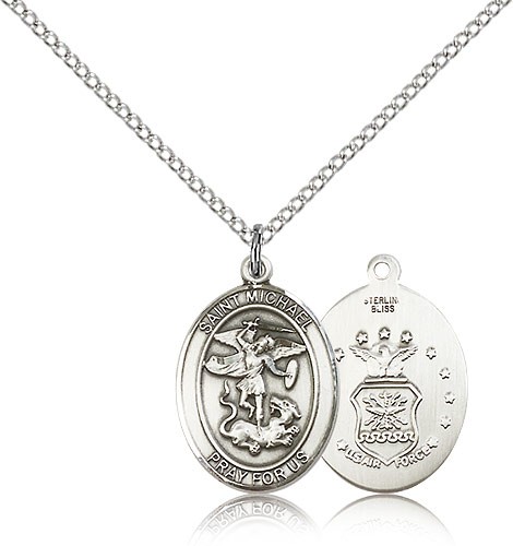 St. Michael Air Force Medal, Sterling Silver, Medium - 18&quot; 1.2mm Sterling Silver Chain + Clasp