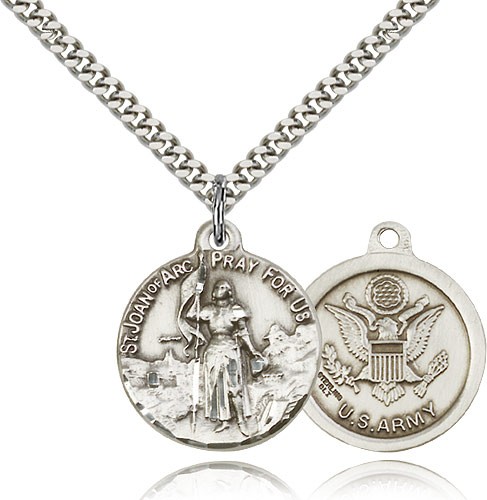 St. Joan of Arc Army Medal, Sterling Silver - 24&quot; 2.4mm Rhodium Plate Endless Chain