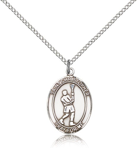 St. Christopher Lacrosse Medal, Sterling Silver, Medium - 18&quot; 1.2mm Sterling Silver Chain + Clasp