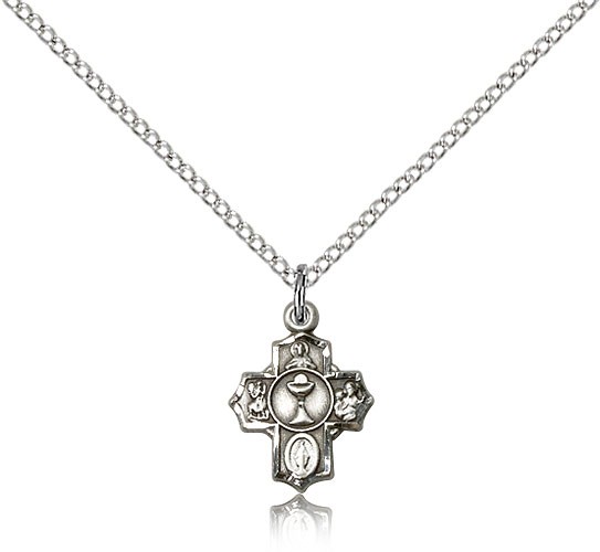 Communion 5 Way Cross Pendant, Sterling Silver - 18&quot; 1.2mm Sterling Silver Chain + Clasp