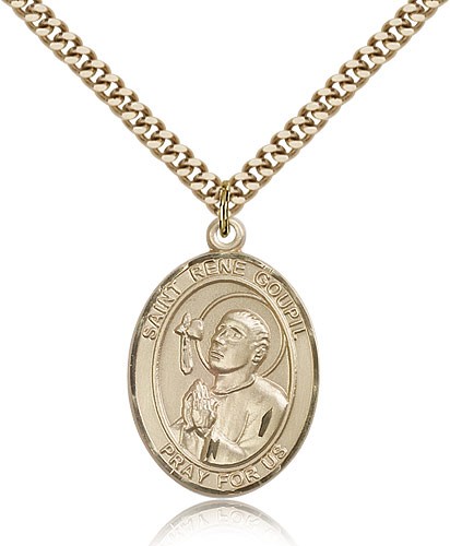 St. Rene Goupil Medal, Gold Filled, Large - 24&quot; 2.4mm Gold Plated Chain + Clasp