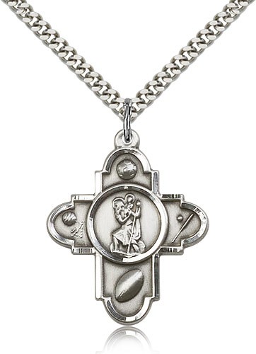 Sports 5 Way Cross St Christopher Medal, Sterling Silver - 24&quot; 2.4mm Rhodium Plate Endless Chain