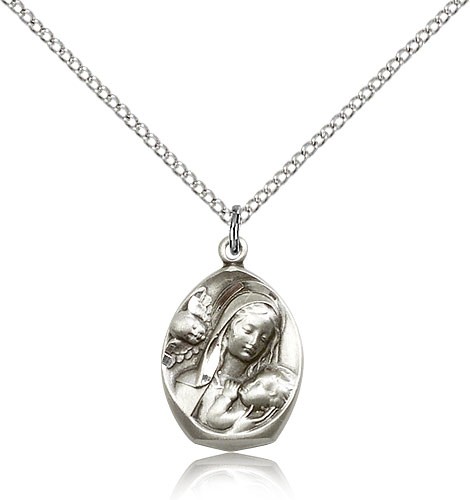 Madonna and Child Medal, Sterling Silver - 18&quot; 1.2mm Sterling Silver Chain + Clasp