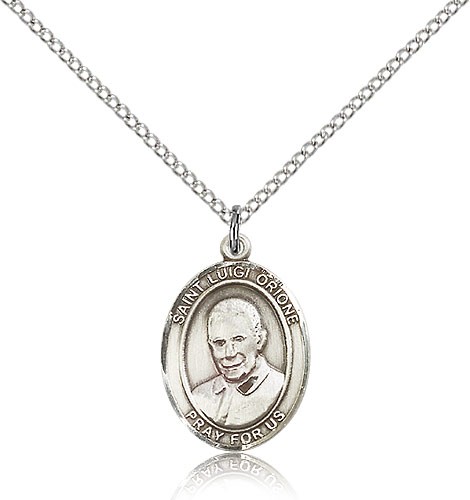 St. Luigi Orione Medal, Sterling Silver, Medium - 18&quot; 1.2mm Sterling Silver Chain + Clasp