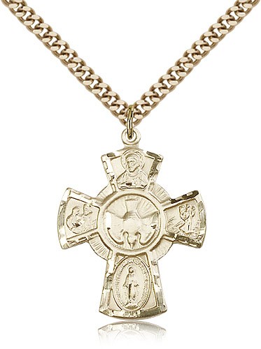 5 Way Cross Pendant, Gold Filled - 24&quot; 2.4mm Gold Plated Endless Chain