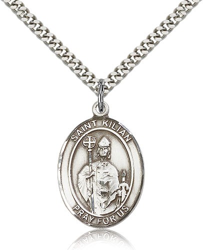 St. Kilian Medal, Sterling Silver, Large - 24&quot; 2.4mm Rhodium Plate Chain + Clasp