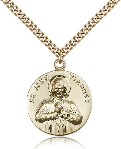St. John Vianney Medal, Gold Filled - 24&quot; 2.4mm Gold Plated Endless Chain