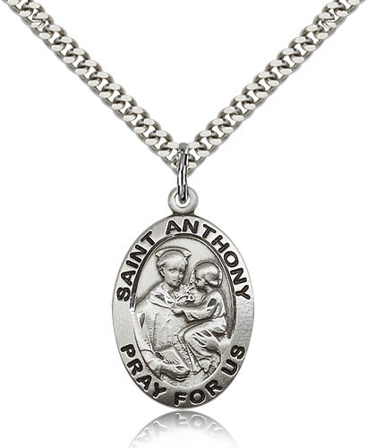 St. Anthony of Padua Medal, Sterling Silver - 24&quot; 2.4mm Rhodium Plate Endless Chain