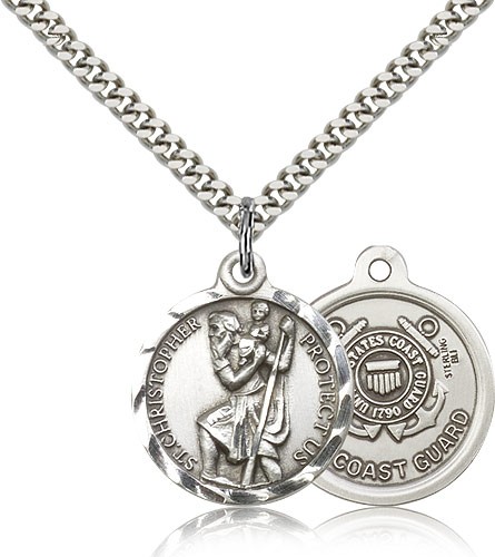 St. Christopher Coast Guard Medal, Sterling Silver - 24&quot; 2.4mm Rhodium Plate Endless Chain