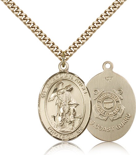 Guardian Angel Coast Guard Medal, Gold Filled, Large - 24&quot; 2.4mm Gold Plated Chain + Clasp