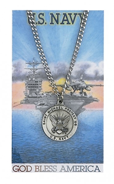 Round St. Michael Navy Medal and Prayer Card Set - Silver-tone