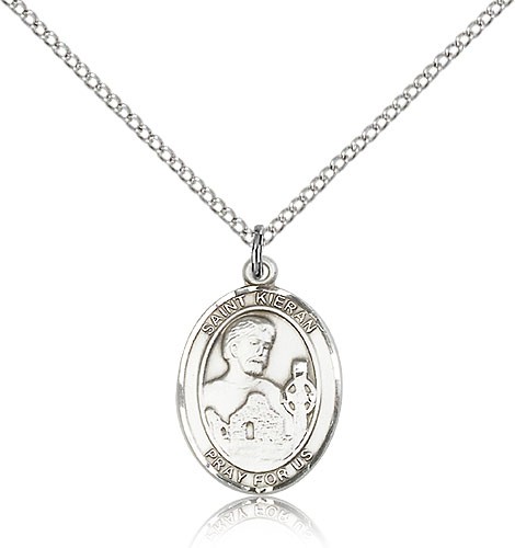 St. Kieran Medal, Sterling Silver, Medium - 18&quot; 1.2mm Sterling Silver Chain + Clasp