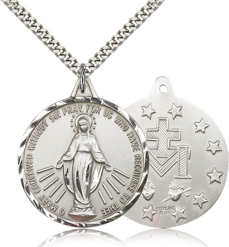 Miraculous Medal, Sterling Silver - 24&quot; 2.4mm Rhodium Plate Endless Chain