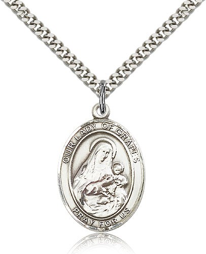 Our Lady of Grapes Medal, Sterling Silver, Large - 24&quot; 2.4mm Rhodium Plate Chain + Clasp