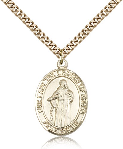 Our Lady of Knots Medal, Gold Filled, Large - 24&quot; 2.4mm Gold Plated Chain + Clasp