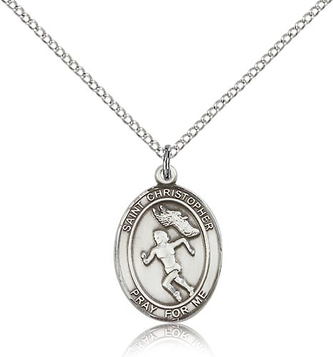 St. Christopher Track &amp; Field Medal, Sterling Silver, Medium - 18&quot; 1.2mm Sterling Silver Chain + Clasp