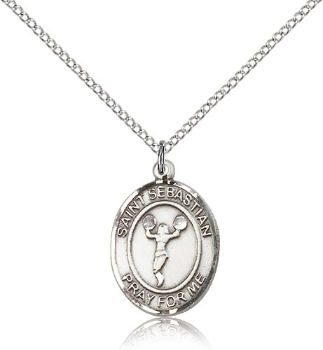 St. Sebastian Cheerleading Medal, Sterling Silver, Medium - 18&quot; 1.2mm Sterling Silver Chain + Clasp
