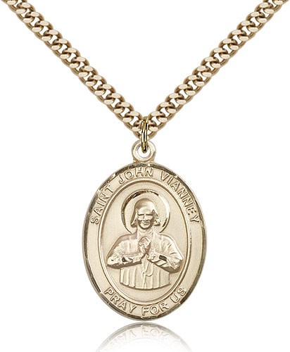 St. John Vianney Medal, Gold Filled, Large - 24&quot; 2.4mm Gold Plated Chain + Clasp