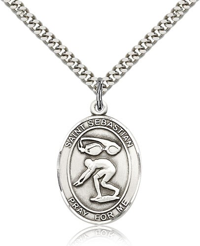 St. Sebastian Swimming Medal, Sterling Silver, Large - 24&quot; 2.4mm Rhodium Plate Chain + Clasp