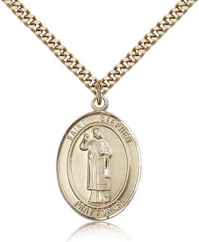 St. Stephen the Martyr Medal, Gold Filled, Large - 24&quot; 2.4mm Gold Plated Chain + Clasp