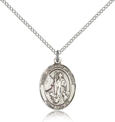 St. Anthony of Egypt Medal, Sterling Silver, Medium - 18&quot; 1.2mm Sterling Silver Chain + Clasp
