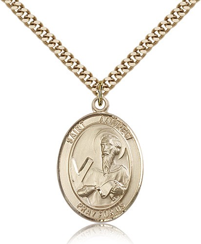 St. Andrew the Apostle Medal, Gold Filled, Large - 24&quot; 2.4mm Gold Plated Chain + Clasp
