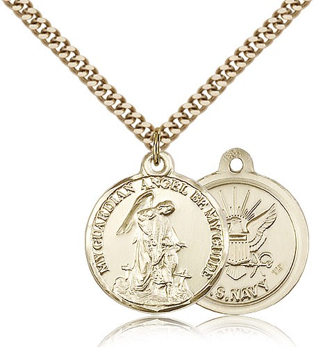 Navy Guardain Angel Medal, Gold Filled - 24&quot; 2.4mm Gold Plated Endless Chain