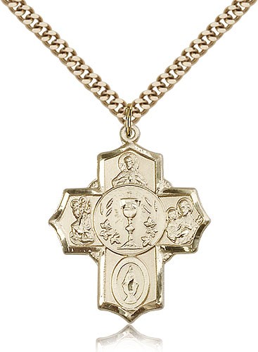 5 Way Cross Pendant, Gold Filled - 24&quot; 2.4mm Gold Plated Endless Chain