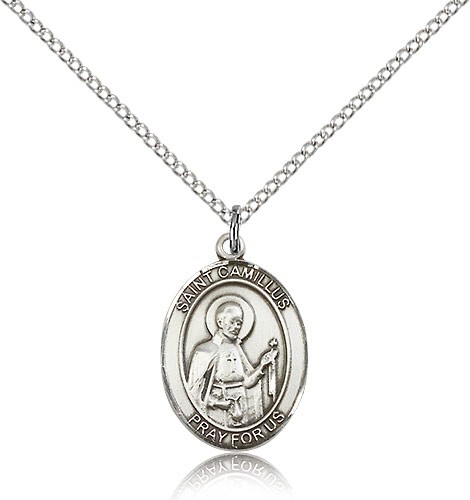 St. Camillus of Lellis Medal, Sterling Silver, Medium - 18&quot; 1.2mm Sterling Silver Chain + Clasp