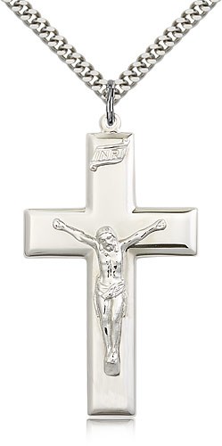 Crucifix Pendant, Sterling Silver - 24&quot; 2.4mm Rhodium Plate Endless Chain