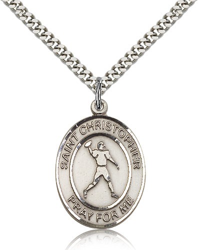 St. Christopher Football Medal, Sterling Silver, Large - 24&quot; 2.4mm Rhodium Plate Chain + Clasp