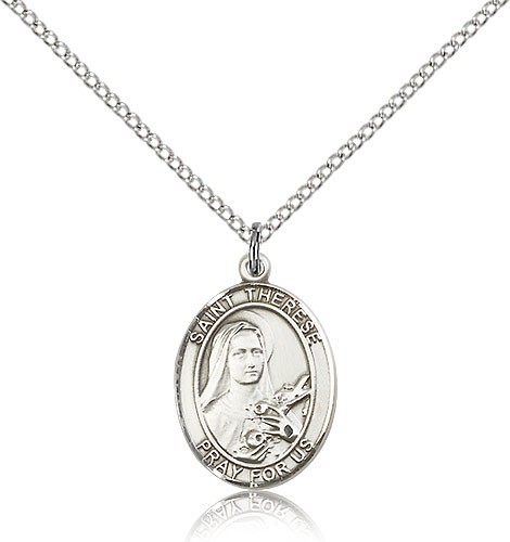 St. Therese of Lisieux Medal, Sterling Silver, Medium - 18&quot; 1.2mm Sterling Silver Chain + Clasp