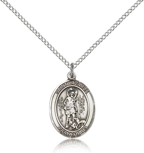 St. Lazarus Medal, Sterling Silver, Medium - 18&quot; 1.2mm Sterling Silver Chain + Clasp