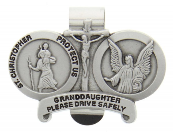 St. Christopher and Guardian Angel Protect My Granddaughter Visor Clip - Silver-tone