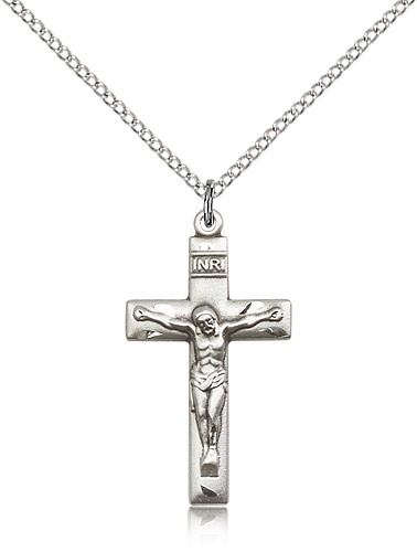 Crucifix Pendant, Sterling Silver - 18&quot; 1.2mm Sterling Silver Chain + Clasp